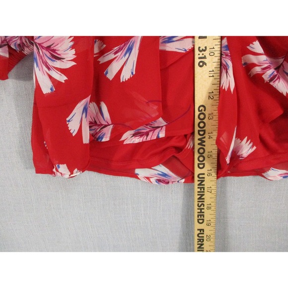 Express Red Floral Chiffon Long Sleeve Romper Surplice Wrap Tie Waist Womens M - Picture 12 of 14